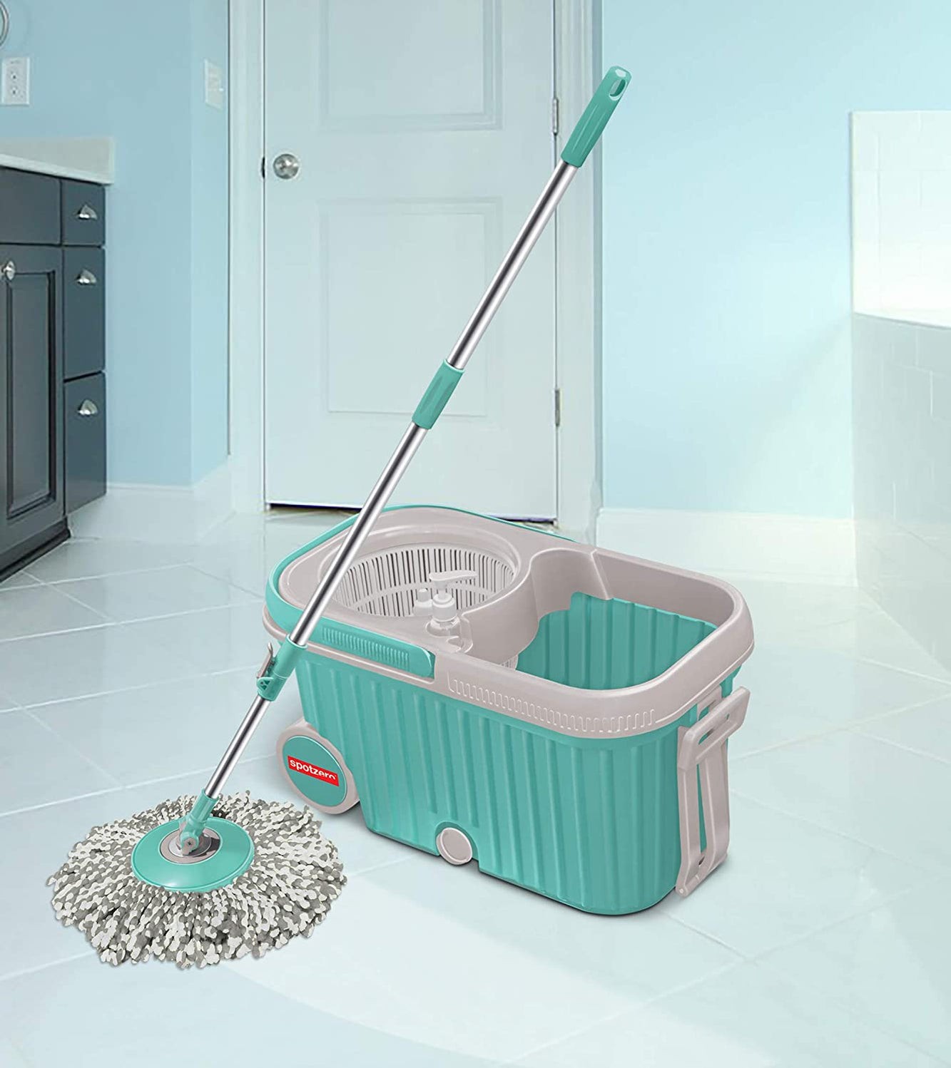 Spin Mop with Bigger Wheels and Plastic Auto Fold Handle for 360 Degree Cleaning by ganesh