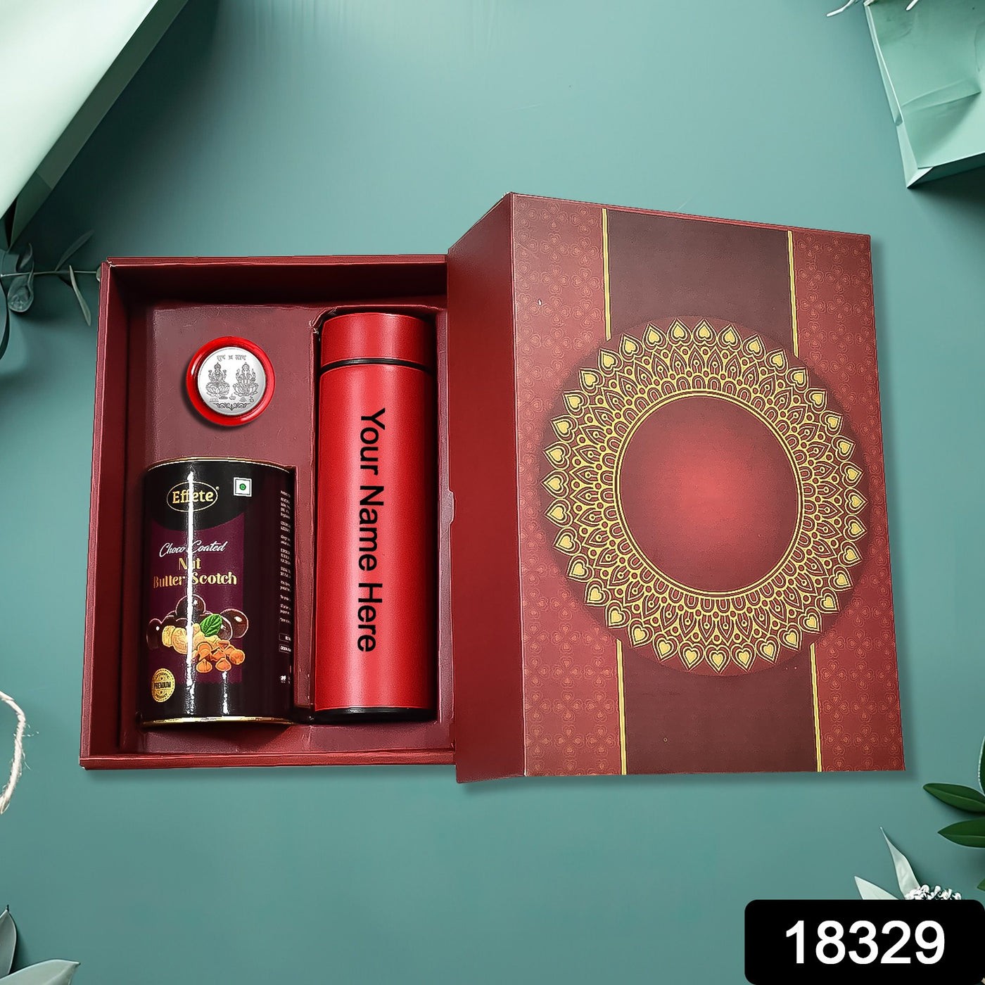 Personalized Temperature Water Bottle, Silver color Coin & Chocolate (With Attractive Multi Color Box / 3 Pc Set)