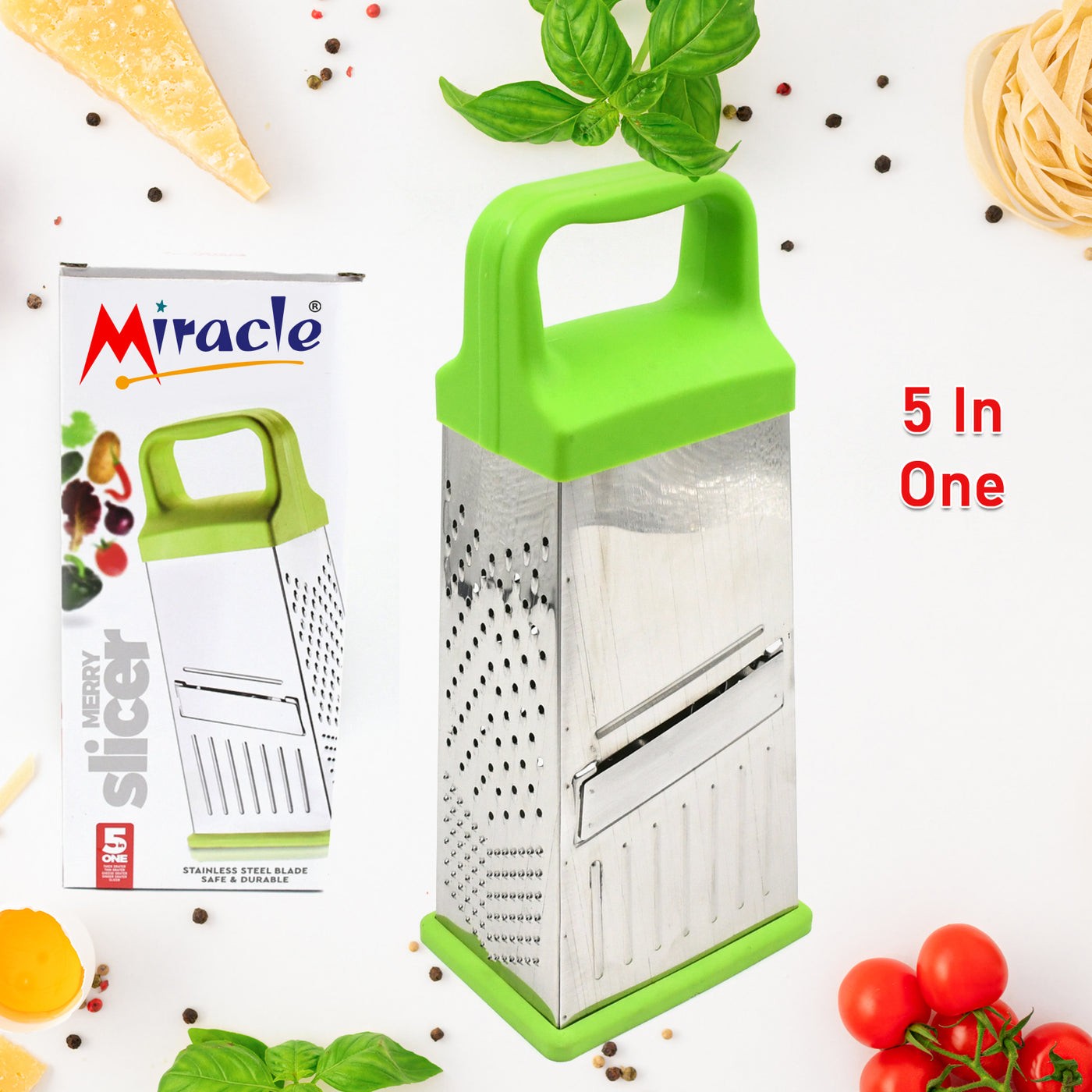 Miracle 5 In 1 Multifunctional Stainless Steel, Cheese Grater With Handle Stainless Steel Material Food Grater For Carrot, Cheese, Panner, Lemon or orange Peel and other Vegetable & Fruit